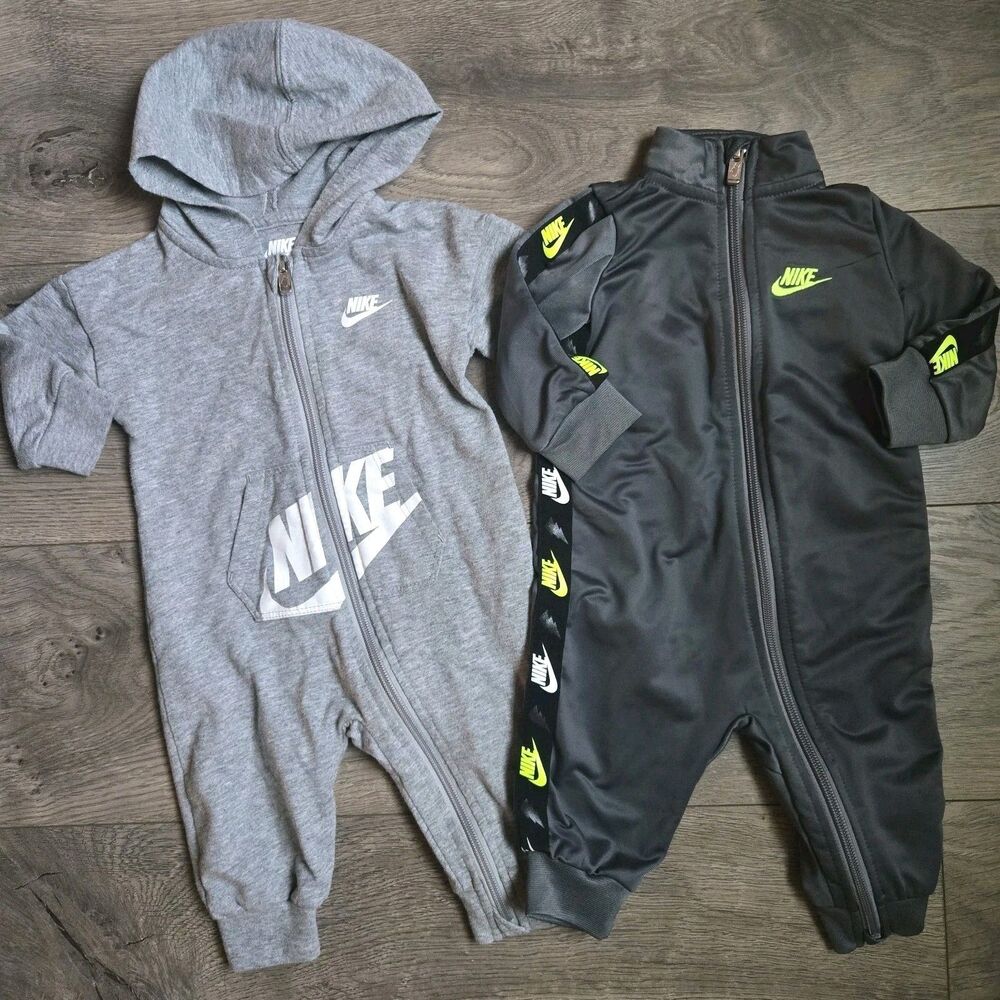Nike Baby Boy 6M Lot 2 Romper Coverall Tracksuit Gray French Terry Tricot Neon